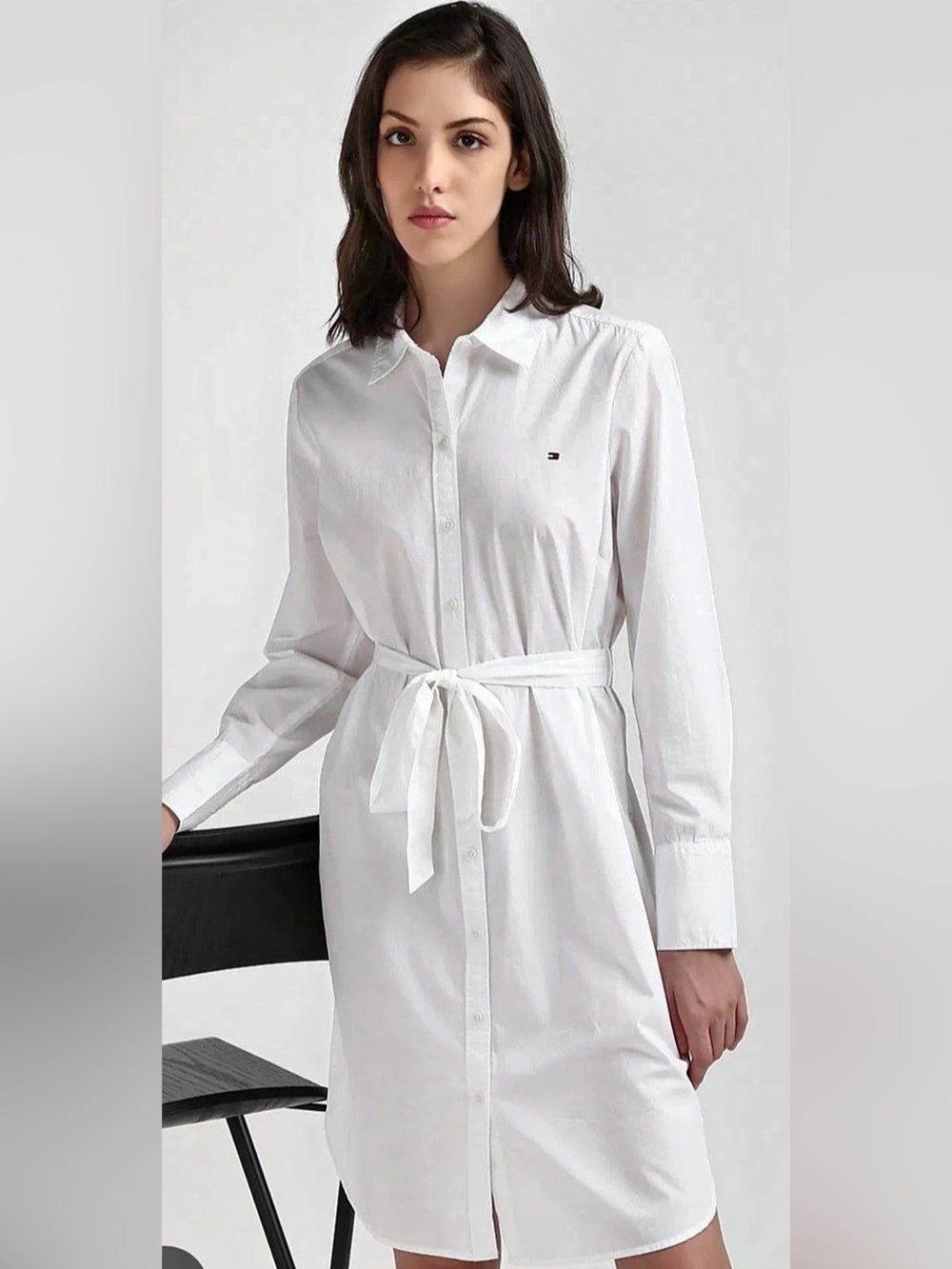 Tommy Hilfiger Pop Monica Long-Sleeve Belted Knee Length Shirt Dress White XS